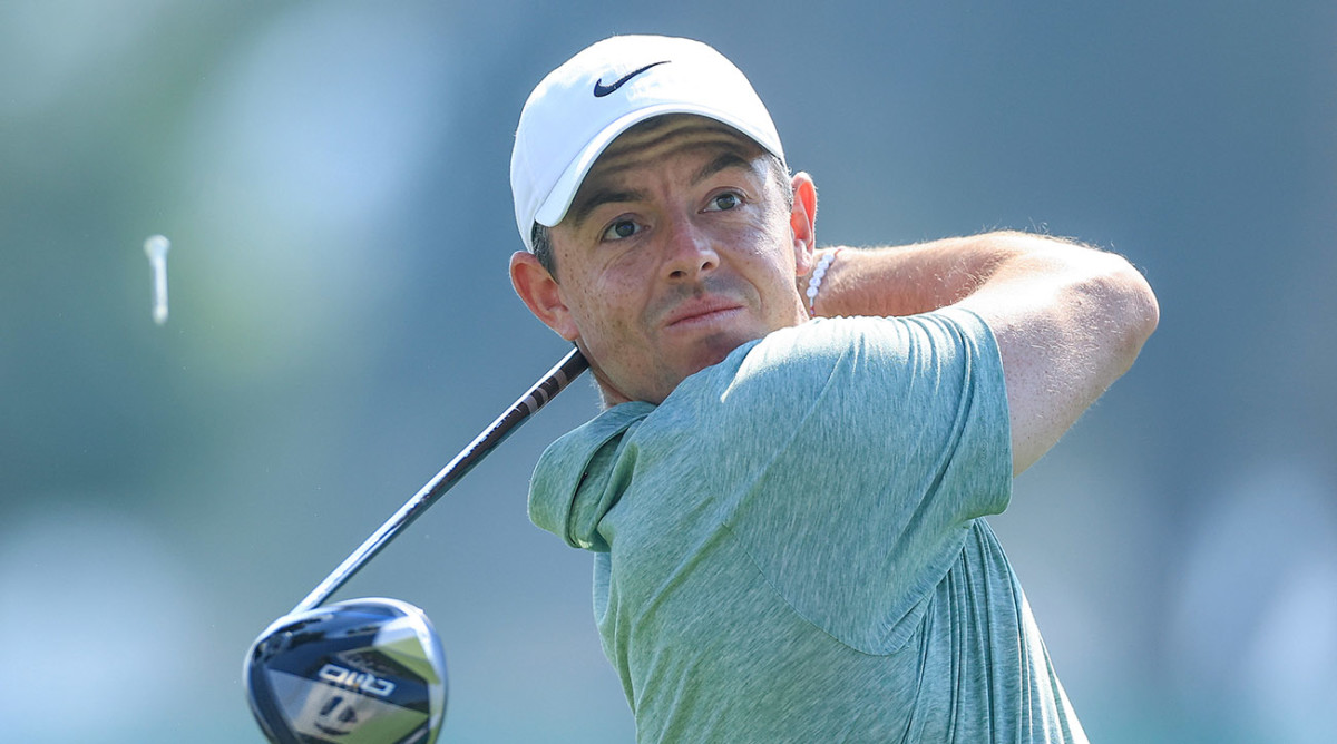 Rory McIlroy of Northern Ireland plays his tee shot on the third hole on Day One of the Dubai Invitational at Dubai Creek Golf and Yacht Club on January 11, 2024 in Dubai, United Arab Emirates. 